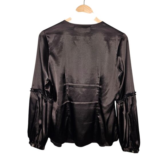 MAX STUDIO Womens Black Satin Blouse L Balloon Sleeves Whimsigoth Witchy Boho - Picture 6 of 7